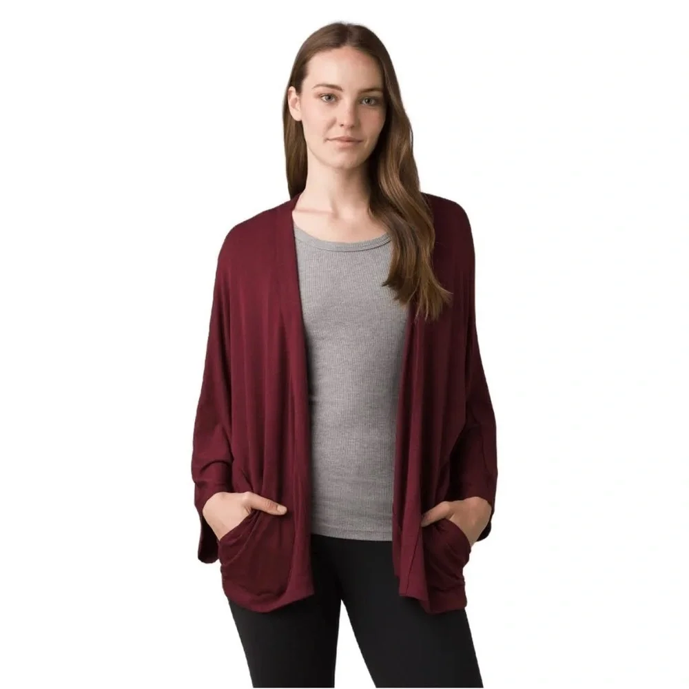 PrAna Foundation Seabrook Wrap Cardigan Sweater Open Front Maroon Heather XL